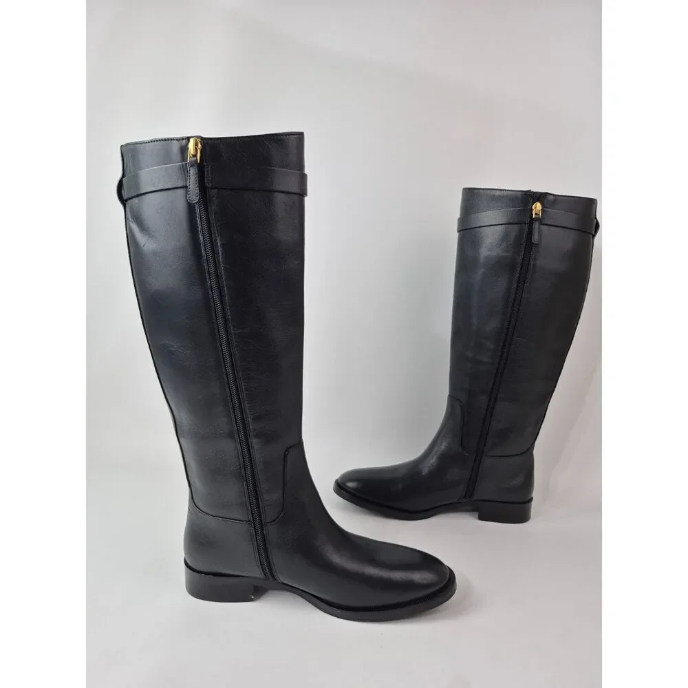 Tory Burch Women's Black Everly Strap Riding Boots Leather Size 7.5 Wide Calf